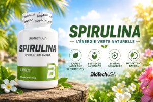 banniere du complement alimentaire biotechusa d'algues de spiruline en 100tablettes